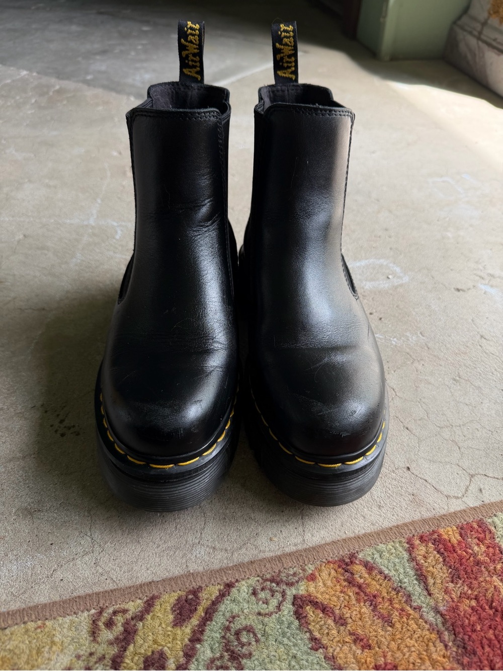 Dr. Martens Black Leather Chelsea Platform Boots with Yellow Stitching